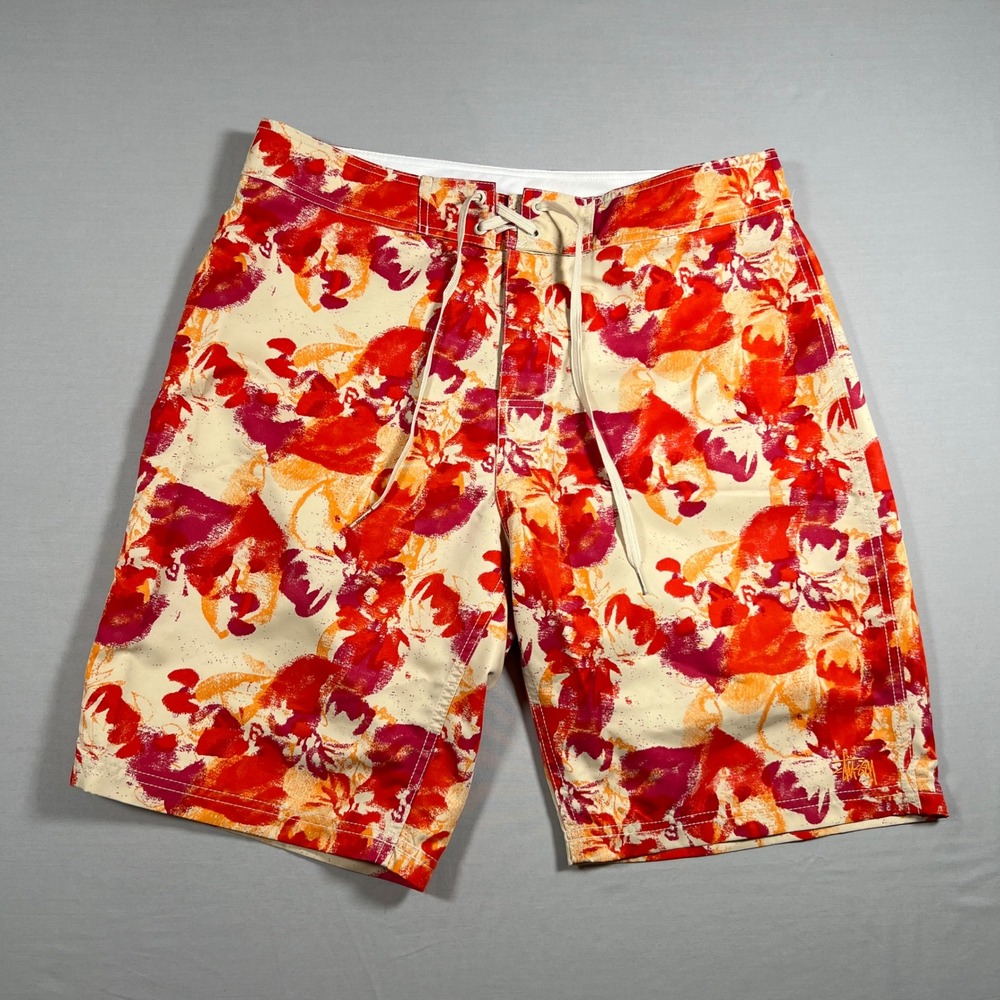 Stussy Mens Abstract Floral Board Shorts Red Orange Surf Trunks Size 34